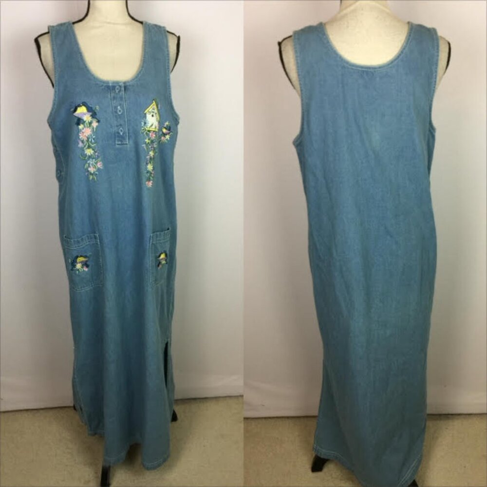Vtg 90s Passion Maxi Jean Dress Size L Womans Blue Denim Embroidered Sleeveless